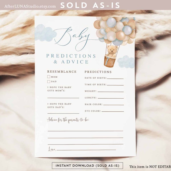 Blue Boy Teddy Bear Hot Air Balloon Baby Predictions and Advice Game Boho We Can Beary Wait Baby Digital Printable Instant Download 905V1