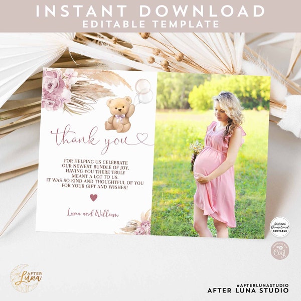 Editable MAUVE PINK Pampas Grass Girl Teddy Bear Baby Shower Photo Thank You Flat Note Photo Card Printable Template Instant Download 904V4