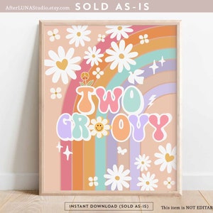 Groovy Birthday Party Decor 70&#39; Daisy Two Groovy Sign Decor Groovy Rainbow Hippie Verjaardagsdecoratie Afdrukbare Instant Download 633K4