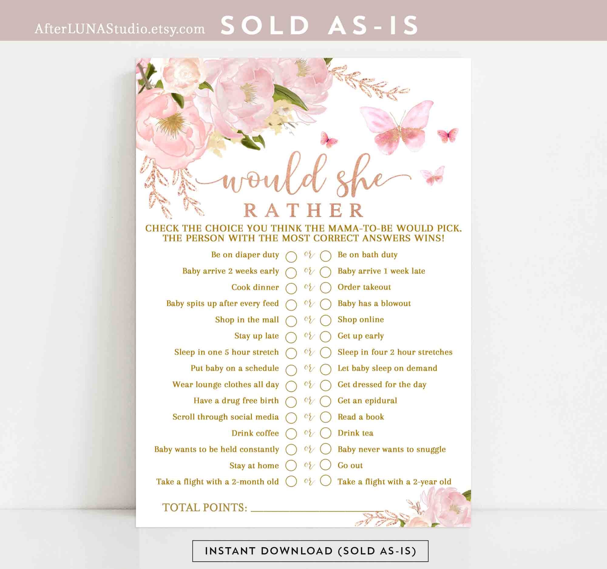 Pink Rose Gold Butterfly Baby Shower Game Would She Rather - Etsy Australia