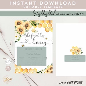 K&ouml;nnte beinhalten: Eine druckbare Einladung zu einer Brautparty mit einem Aquarelldesign aus Sonnenblumen, Waben und Bienen. Der Text lautet "Sie hat ihren Honig gefunden" und enth&auml;lt Details zur Brautparty, wie Datum, Uhrzeit und Ort.