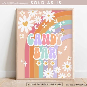 Groovy verjaardagsfeestje decor 70&#39; Daisy Candy Bar teken decor groovy regenboog hippie verjaardag decoratie afdrukbare Instant Download 633K4