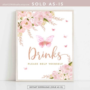 Pink Rose Gold Butterfly Drink Table Sign Blush Pink Rose Gold Butterfly Birthday Baby Shower Decor Digital Printable Instant Download 1406