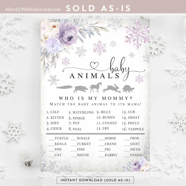 Winter Snowflake Lavender Purple Floral Baby Animals Game Virtual Drive By Baby Shower Sprinkle Games Digital Instant Download 62V5