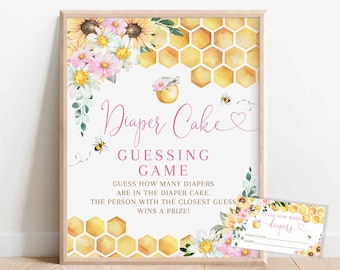 Sunflower Pink Daisy Bumble Bee Guess How Many Diapers Diaper Cake Game Baby Shower Games Signs Digital Printable Instant Download 800V1