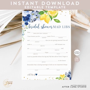 Editable Lemon Blue Floral Bridal Shower Mad Libs Bridal Shower Sprinkle Game Games Activity Activities Printable Instant Download 157BR5