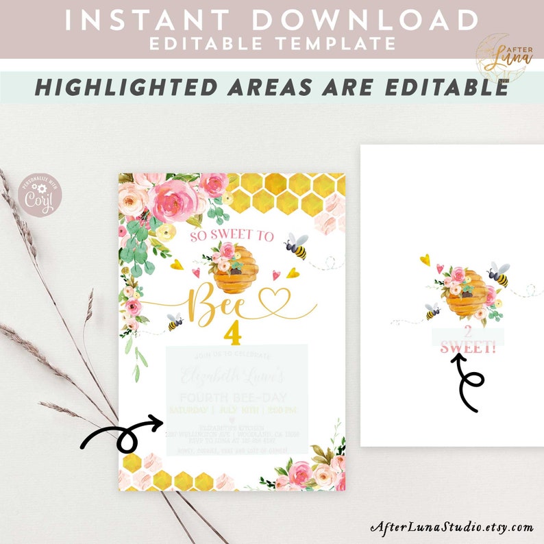 May include: A printable birthday invitation with a beehive and flowers. The text reads "So Sweet to Bee 4".