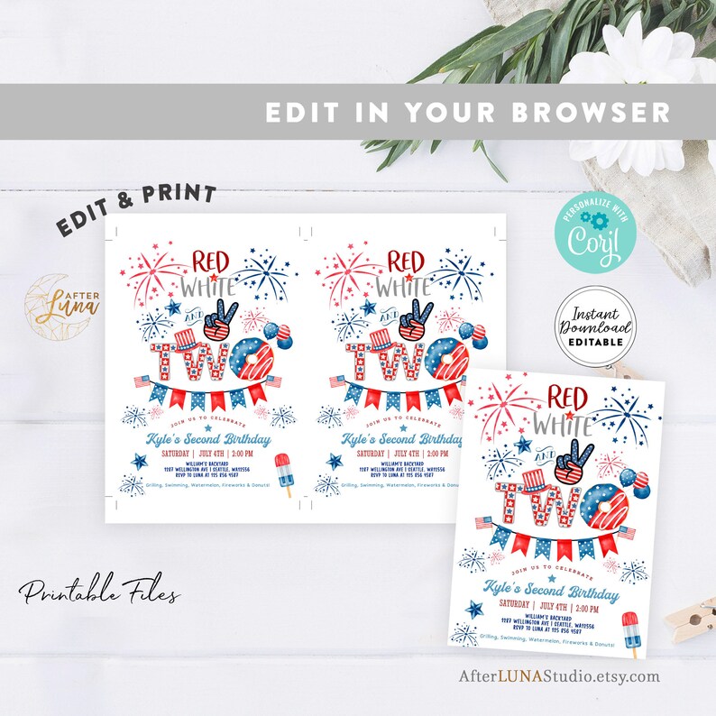 Editable Red White and Two Invitations 4th of July 2nd Birthday ...