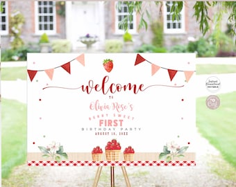 Editable Strawberry Berry Sweet Birthday Baby Shower Sprinkle Welcome Yard Sign Strawberry Theme Printable Template Instant Download AL1483