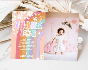 Editable Groovy Rainbow Photo Thank You Flat Card Digital Printable Groovy Birthday Thank You Flat Card Template Instant Download 633K4