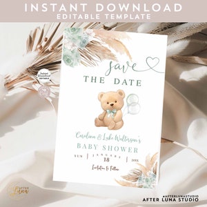 Modificabile Green Sage Pampas Grass We Can Bearly Wait Save the Date Boho Teddy Bear Baby Shower Insert Template Download istantaneo 904V1