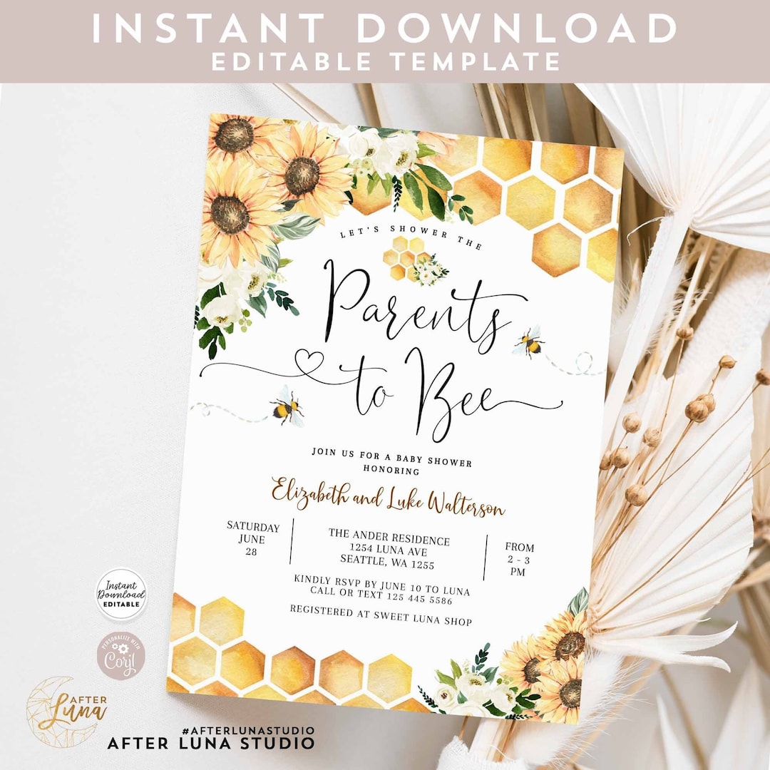 【翌日発送可能】 Sunflower Editable Bee Invitation Shower Baby Bee to Parents 招待状