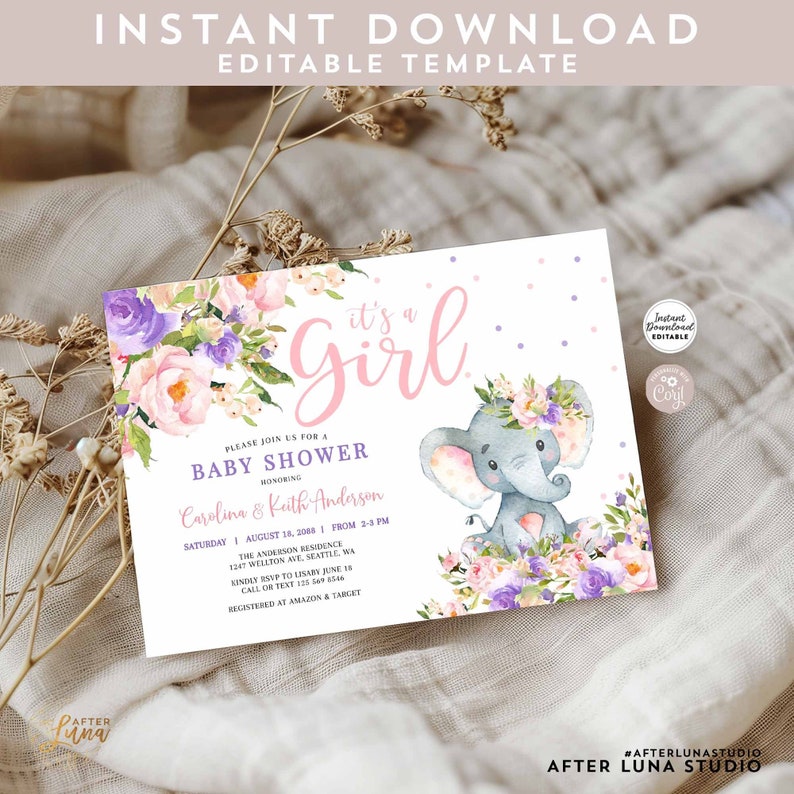 Editable Pink Purple Elephant Baby Shower Invitation Girl Elephant Baby ...