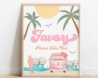 May include: A pink and white sign with the text "Favors Please Take One" in a retro font. The sign features a pink and white vintage van with flowers on the roof, palm trees, and ocean waves.