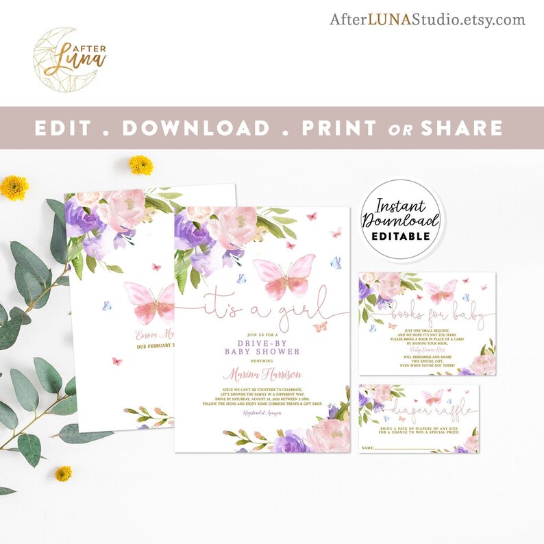 Editable Butterfly Drive by Baby Shower Invitation Bundle Book Etsy