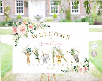 Editable TWINS Pink Floral Girl Safari African Animal Birthday Welcome Yard Baby Shower Sign Template Instant Download 20V2KID