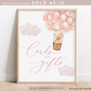 Fille ours en peluche rose ballon à Air chaud Baby Shower cartes et cadeaux signe nous pouvons Beary attendre Decor numérique imprimable téléchargement immédiat 905V3