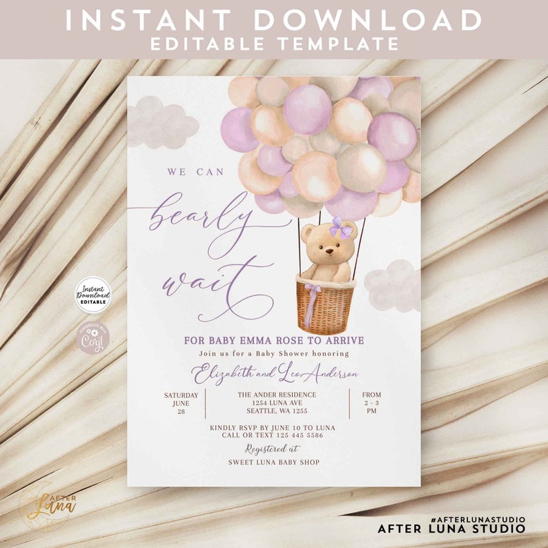 May include: A baby shower invitation with a purple and peach color scheme. The invitation features a teddy bear in a hot air balloon with the text "We can barely wait" for baby Emma Rose to arrive. The invitation includes the date, time, and location of the shower.