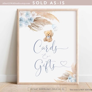 Bleu pampas herbe garçon ours en peluche cartes et cadeaux signe Boho nous pouvons Beary attendre Baby Shower Decor numérique imprimable téléchargement immédiat 904V3