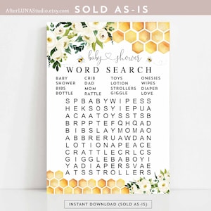 Può includere: Un gioco di ricerca di parole stampabile per un baby shower con un motivo a nido d'ape e accenti floreali. Il gioco presenta parole legate ai bambini, come "bavaglino", "biberon", "culla", "pannolini", "risata", "amore", "mamma", "tutine", "sonaglio", "doccia", "passeggini", "giocattoli" e "salviette".