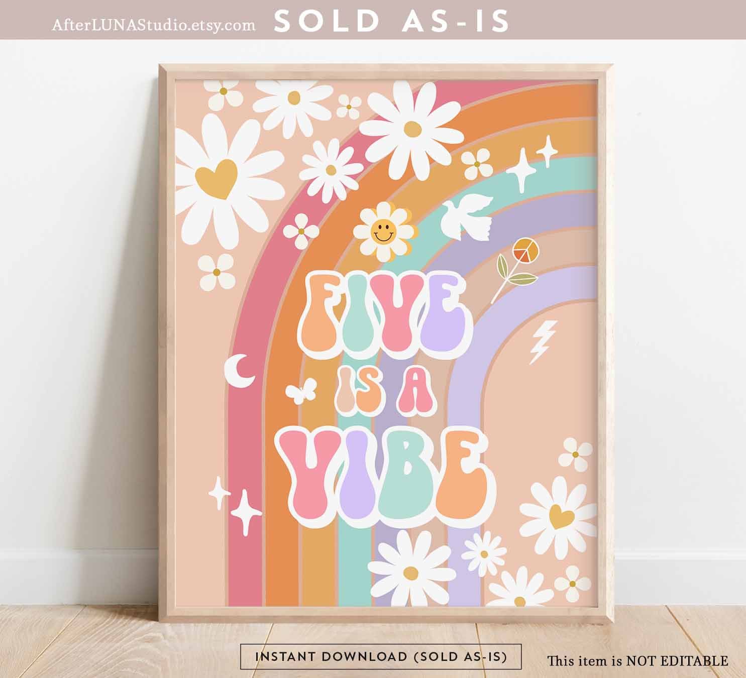 Groovy Birthday Party Decor 70' Daisy Five Is A Vibe Sign Decor Groovy Rainbow Hippie Birthday Decoration Printable Instant Download 633K4