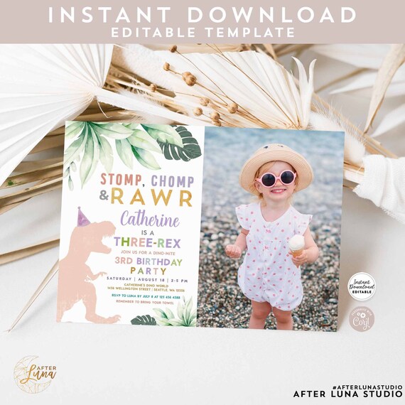 Editable Three Rex Invite Dino Dinosaur T Rex Pink Lavender Gold 3rd Birthday Photo Invitation Printable Template Instant Download 244V2 (5)
