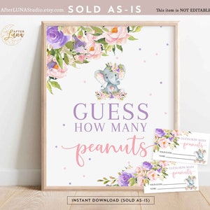 Pink Purple Elephant Baby Shower Game Guess How Many Peanuts Game Girl Elephant Baby Sprinkle Printable Template Instant Download AL100 (2)