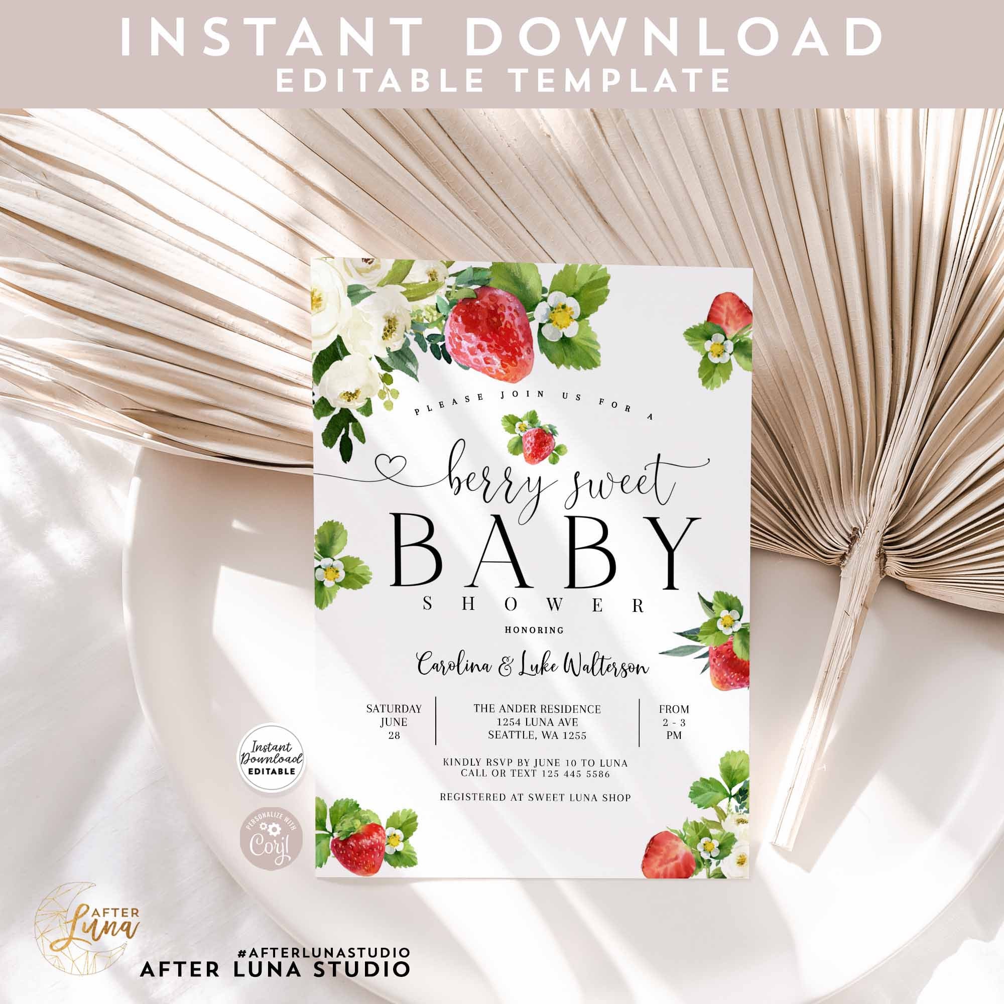 Editable Strawberry Baby Shower Invitation Berry Sweet Baby Shower Invite  Berry Sweet Baby Shower Invite Printable 236V1 1 -  Sweden