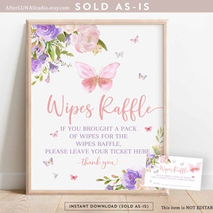Butterfly Wipes Raffle Sign and Card Game Blush Pink Purple Butterfly Baby Shower Sprinkle Digital Printable Instant Download AL179