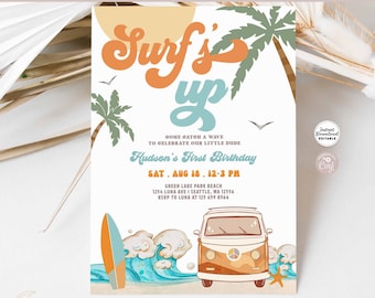 May include: A colourful invitation for a first birthday party with a surf theme. The invitation features a vintage van, a surfboard, and palm trees. The text on the invitation reads "Surf's Up" and "Hudson's First Birthday".