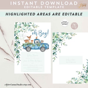 Editable Woodland Blue Truck Baby Shower Invitation Boy Blue Pickup Truck Greenery Woodland Animal Bear Invite Instant Download AL572 V5 image 3