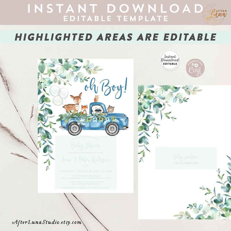 Editable Woodland Blue Truck Baby Shower Invitation Boy Blue Pickup Truck Greenery Woodland Animal Bear Invite Instant Download AL572 V5 image 3