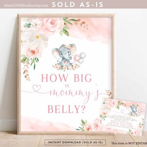 Elefante Rosa Blush Adivinhe o Tamanho da Barriga da Mamãe Jogo Elefante Menina Amendoim Chá de Bebê Para Imprimir Digital Download Instantâneo 288V1