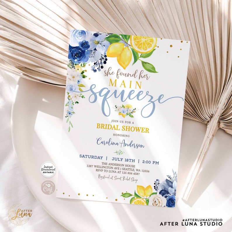 Editable Blue Lemon Bridal Shower Invitation Blue Floral Citrus She Found Her Main Squeeze Invite Template Instant Download 157BR5 image 1