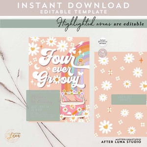 Editable Four Ever Groovy Invite Groovy 4th Birthday Invite Daisy ...