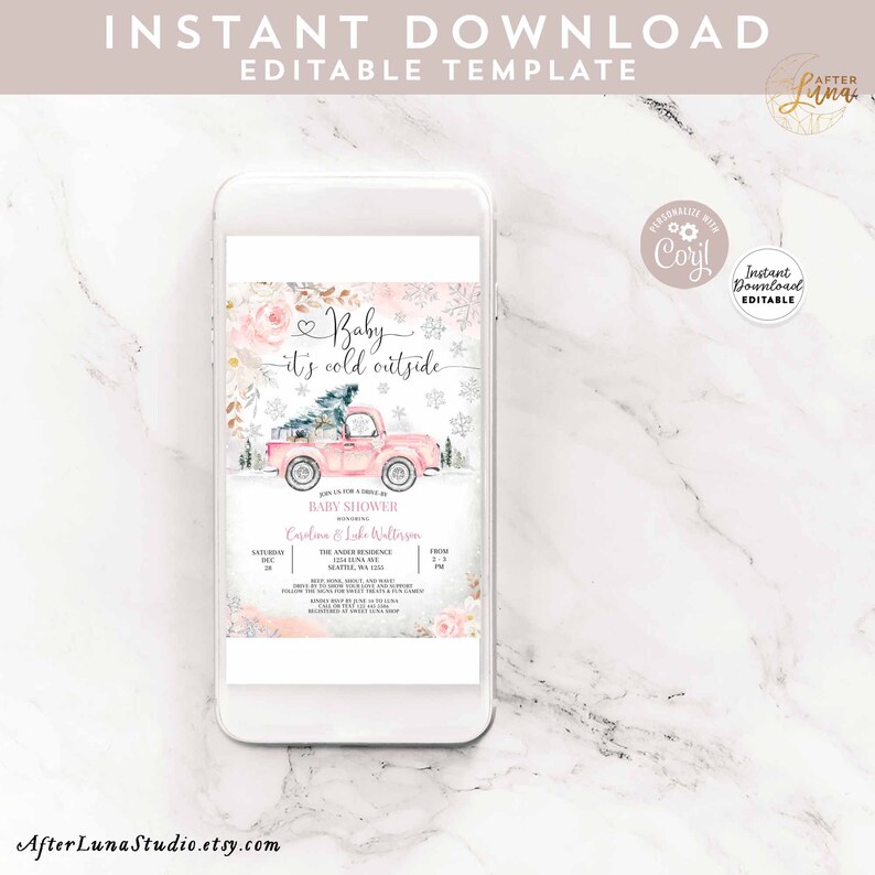 Editable Winter Drive by Baby Shower Invitation Girl Blush Etsy