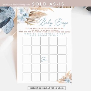 Bleu pampa herbe bébé Bingo carte imprimable Boho Boho bébé garçon douche saupoudrer jeu jeux imprimable téléchargement immédiat 212V2