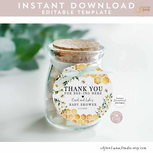 Bearbeitbare Honig Hummel Baby Shower Thank You for Beeing Biene-ing Here Round Table Label Sticker Druckbare Vorlage Instant Download 845V1