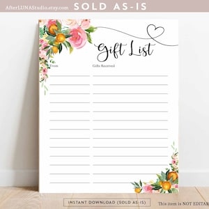 Orange Gift List Sheet Pink Floral Citrus A Little Cutie is on The way Baby Shower Sprinkle Digital Printable Decor Instant Download 906