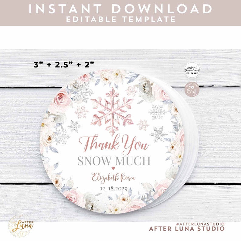 Editable Winter Dusty Pink Snowflake Favor Gift Thank You Snow - Etsy