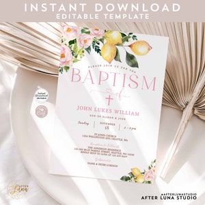 EDITABLE Lemon Pink Floral Baptism Invitation Boho Girl Baptism Invite Invites Girl Printable Template Instant Download 293B2 (1)