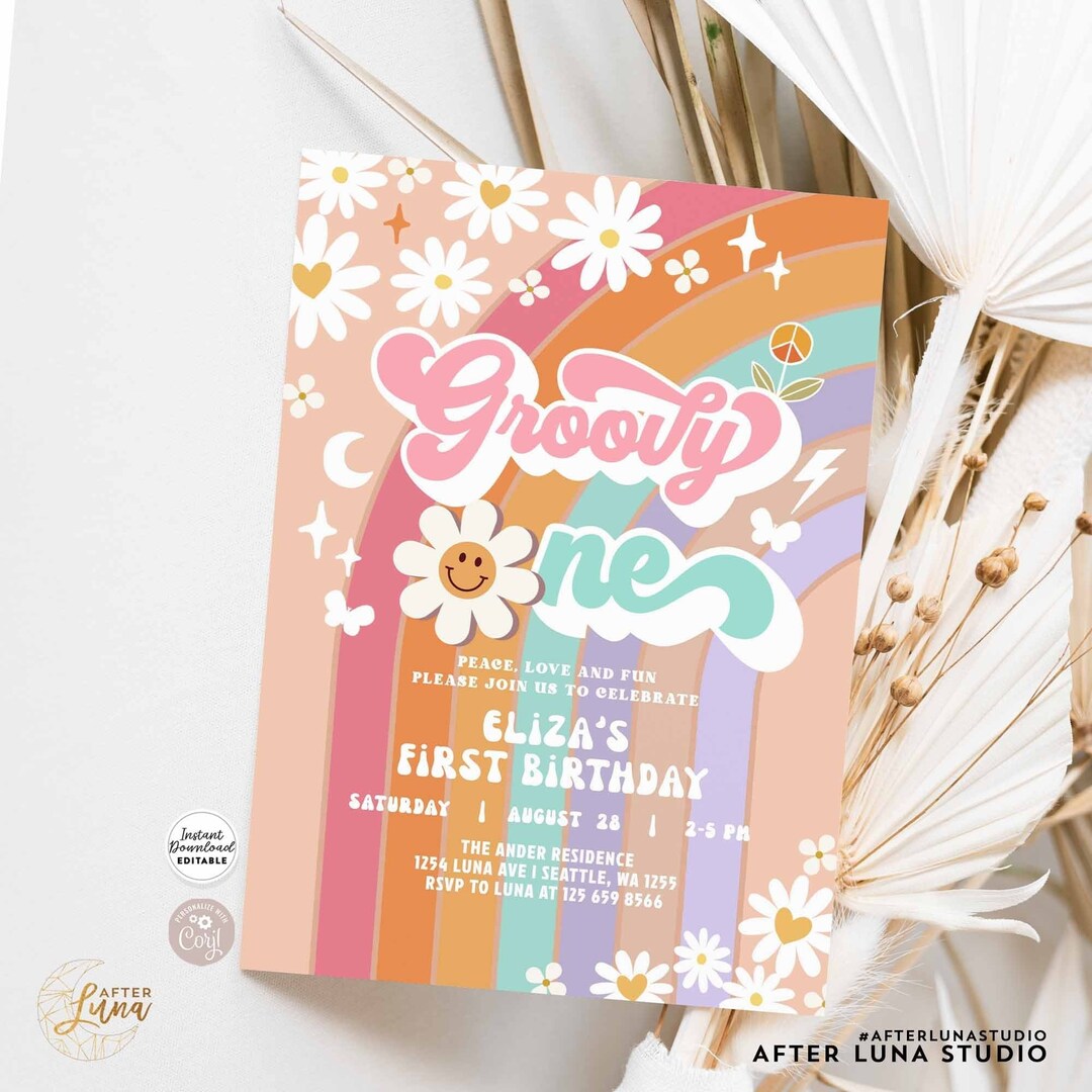 Editable 1st Groovy Birthday Party Invitation Daisy Rainbow Groovy ONE ...