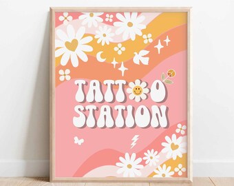 Groovy Tattoo Station Sign: Pink Peach 70's Daisy Birthday Decor (Digital Download) 665K8