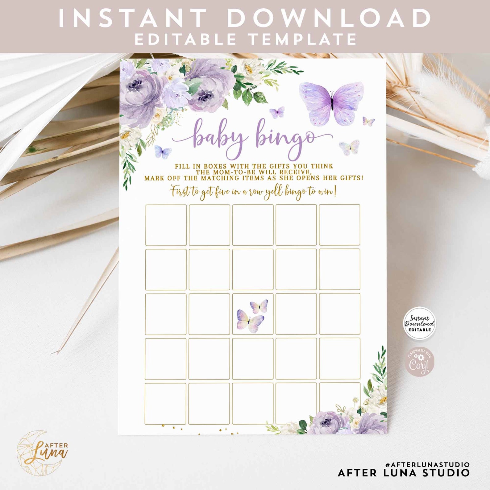 Editable Purple Gold Butterfly Baby Bingo Game Printable - Etsy