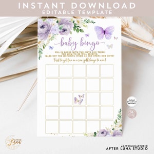 Editable Purple Gold Butterfly Baby Bingo Game Printable Virtual Baby Shower Sprinkle Games Printable Template Download 554BB