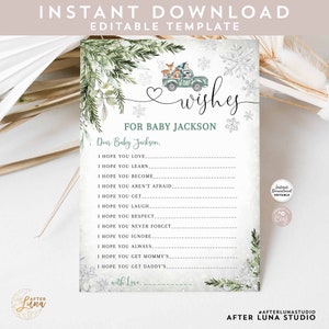 Camión de salvia verde con copos de nieve editables para el bosque de invierno, juegos de decoración para baby shower de invierno, descarga instantánea 1319V4