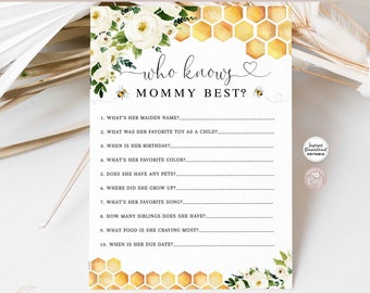 Editable Bee Personalized Baby Who Knows Mommy Best Game What Will Baby Bee Gender Neutral Reveal Game Printable Instant Download 845V1