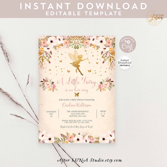 Editable Fairy Baby Shower Invitation Girl Fairy Baby Sprinkle Invitation Couples Baby Shower Invites Template Instant Download 986