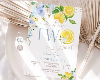 Invitación editable para el segundo cumpleaños con limonada azul Invitación de cumpleaños con dos limones dulces Invitación de cumpleaños con limón y sol Descarga instantánea 157K2-1