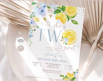 2e anniversaire de limonade bleue modifiable Invitation d'anniversaire deux citrons doux Invitation d'anniversaire soleil citron Invitation téléchargement immédiat 157K2-1